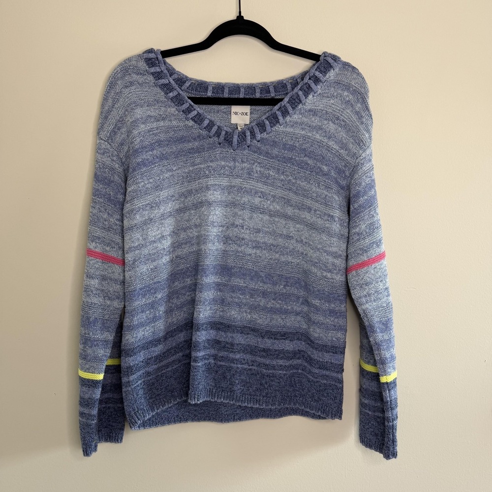NIC+ZOE Sweater Womens Medium Blue Striped V Neck Pullover Knit Top Casual